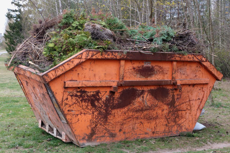 The old red rusty  container for branches, leaves and garbage in the spring  forest.の写真素材