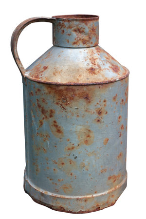 Old  rusty vintage metal  iron tank for diesel fuel from agricultural machinery   isolated on white. Outdoor spring day shotの写真素材