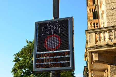 Traffic restriction LED road sign in old Italian  townの写真素材