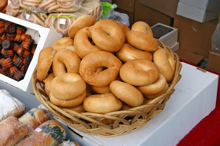 Traditional Lithuanian pastry and buns sold in a street  marketの写真素材