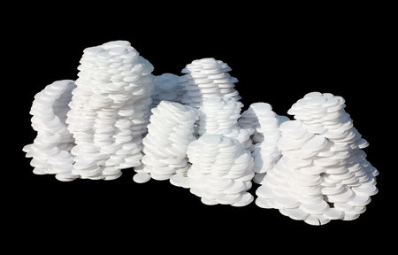 Thousands of wet used disposable plastic plates heap - isoalted on black