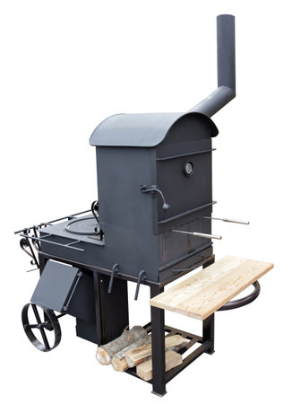 Mobile handmade steel device for smoking fish and meat. Isolated on whiteの写真素材