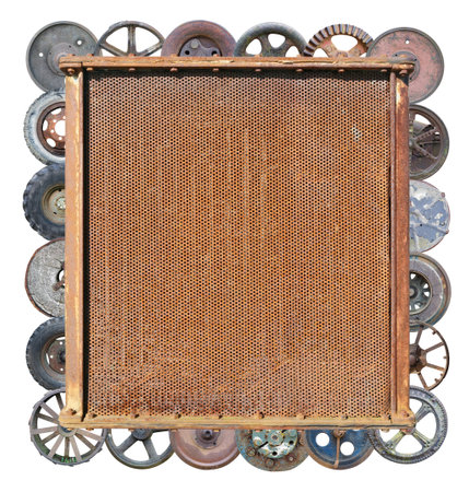 Rusty radiator of  tractor framed by vintage wheels  photo collage. Isolated on whiteの写真素材