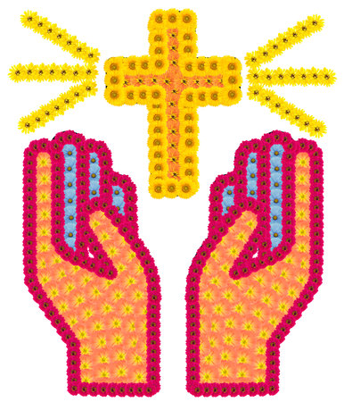 Hands of a believer praying man and holy golden cross. Isolated handmade photo collageの写真素材