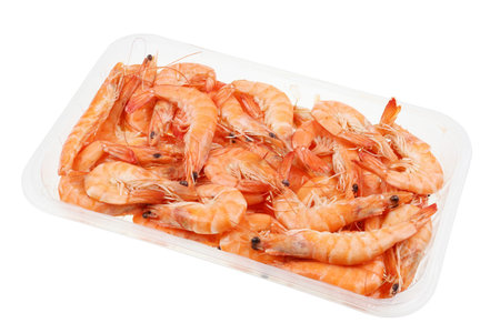 Plate with fresh boiled  prawns shrimps   in box  isolatedの写真素材