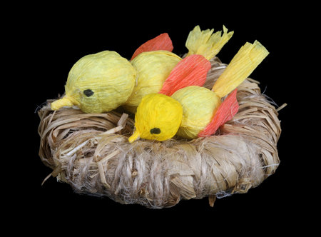 Easter handmade  paper  birds in rope nest . Isolated on black macro