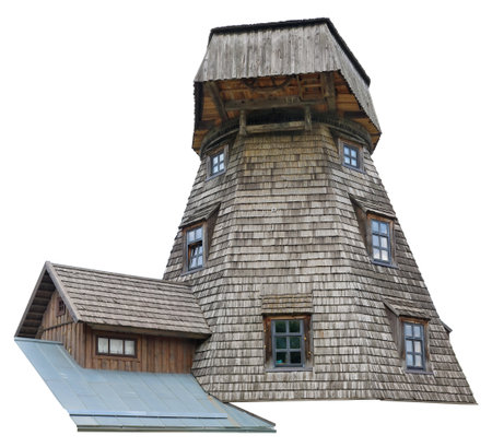 Part of aged  retro wooden not used  wild mill. Isolated on whiteの写真素材