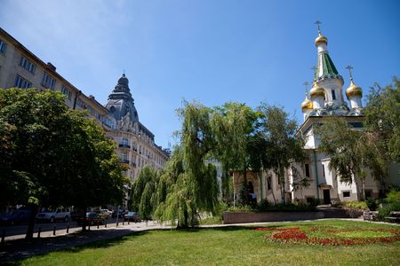  view of sofia, bulgaria. the russian church (r) and some buildings are seenの写真素材