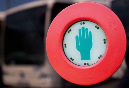 close-up of a touch-button of a bus doorの写真素材