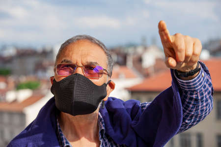 Senior Man Mask Protection Mask Pandemic Pointing