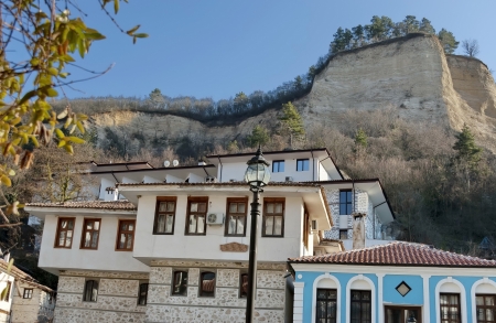Old bulgarian town Melnik with traditional houses and pyramid loose rocksのeditorial素材