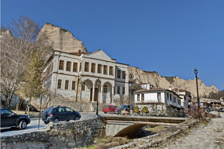 Old bulgarian town Melnik with traditional houses and pyramid loose rocksのeditorial素材