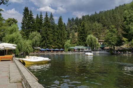 Panorama of lake Kleptuza toward karst  spring and highly varied plant, Velingrad, Pazardzhik  province, Bulgariaの写真素材