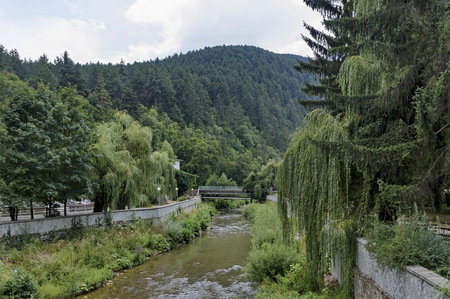 View toward river with bridge and highly varied plant, Chepinska reka, Velingrad, Pazardzhik  province, Bulgariaの写真素材