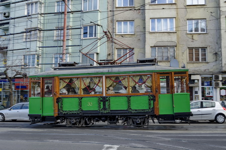 RETRO Vintage Tram Siemens on the streets of Sofia in december 2015, Bulgar. New Year's journey with Santa Claus in Sofia, Bulgaria.のeditorial素材