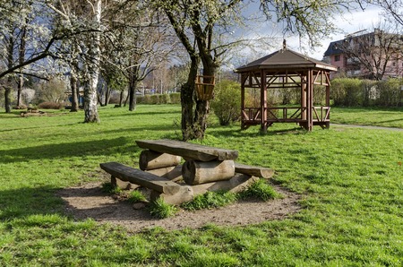 Springtime view with place for respite in the park, Pancharevo, Bulgariaの写真素材