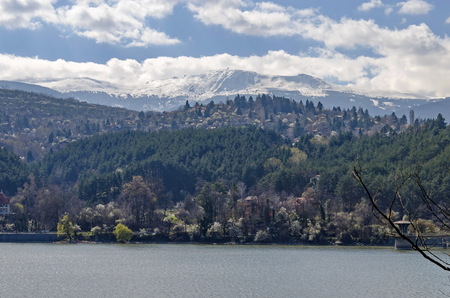 Look toward environment of springtime picturesque  dam, Plana and winter Vitosha, Pancharevo, Bulgariaの写真素材