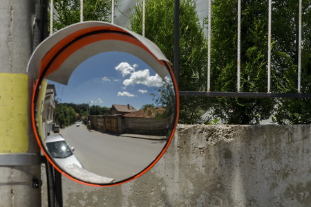Bend in the road, a mirror,  Zheleznitsa village, Sofia region, Bulgariaの写真素材