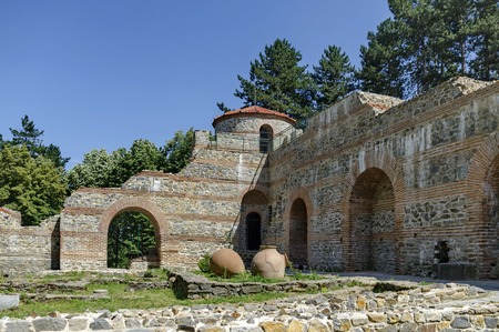 View to restored inside park of  castle Hisarlak with earthen  vessel, near by Kyustendil town,...