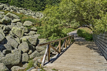 Unique stone river big granite stones on rocky river with wooden bridge in the Vitosha National Park Mountain , Bulgariaの写真素材