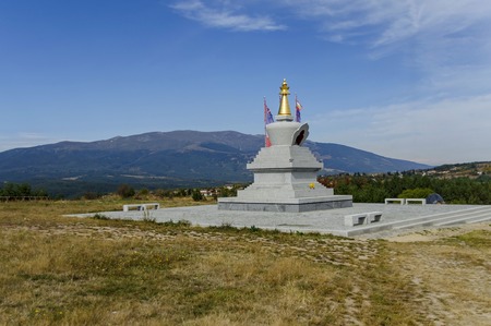 View of  Buddhist stupa Sofia in the Retreat Center Plana - Diamondway Buddhism Bulgaria near by Vitosha, Rila, Pirin, and Balkan mountains  from  distanceのeditorial素材