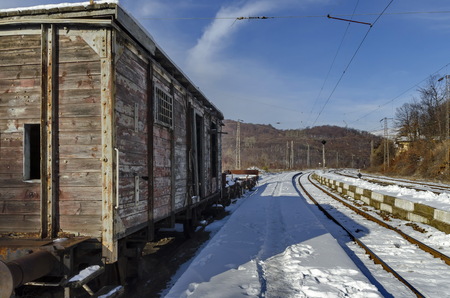 Station and exterior of freight car a old century train, Koprivshtitsa, Bulgariaの写真素材
