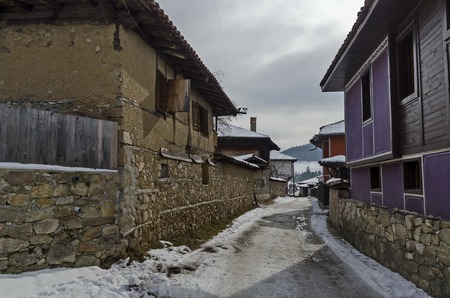 Antique cobblestone street with beauty ancient houses, town Koprivshtitsa, Bulgariaの写真素材