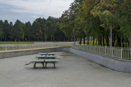 A table tennis set made from concrete material in Popular  North park,  Vrabnitsa district, Sofia, Bulgariaの写真素材
