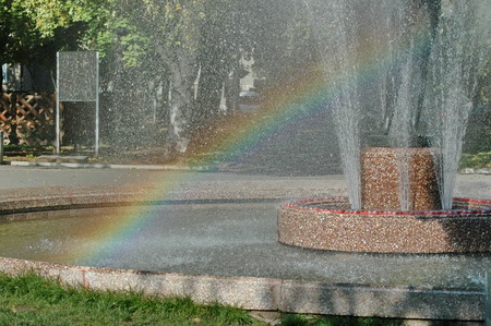 View of many fountain with different programme and rainbow  in the public Zaimov or Oborishte park  of  Sofia city, Bulgaria, Europeの写真素材