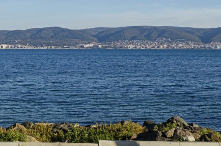 Seascape  of shore resort on the  Black Sea near by town Nessebar, Sunny Beach, Sveti Vlas, Elenite and mountain Balkan, Bulgaria, Europeの写真素材