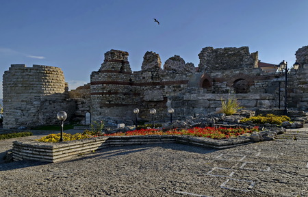 Ruined watch tower and stone with brick walls around Western fortification in ancient city Nessebar or Mesembria on the Black Sea coast, Bulgaria, Europeの写真素材
