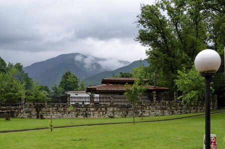 A look at houses with brick stoves for barbecue for the use of tourists in Rila Park near Dupnitsa,...