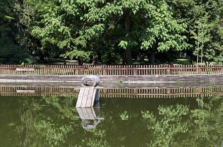 A nesting place for ducks built into the lake in the city garden, Sofia, Bulgariaの写真素材