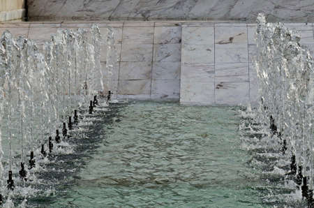 A close-up view of water fountains in front of the National Palace of Culture in Sofia, Bulgariaのeditorial素材