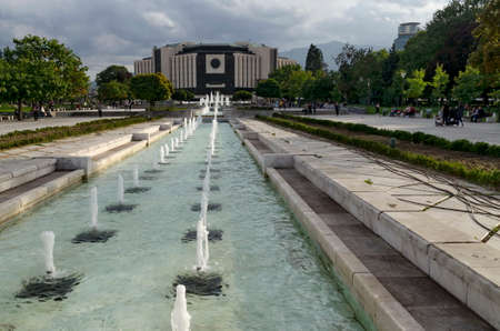 Fountains water in front of National Palace of Culture in Sofia, Bulgaria