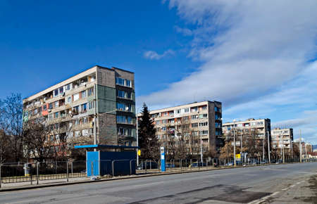 Fragment of urban infrastructure with route, tram station and street, Sofia, Bulgariaの写真素材