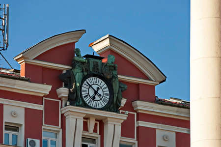 Old building from the beginning of the 20th century, built by the Bulgarian Phoenix Insurance Company, is left with only a clock, and the phoenix sculpture on it was destroyed during the bombing of Soのeditorial素材