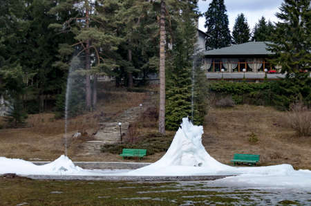 Attraction with frozen water fountains in winter in the resort of Borovets, Rila Mountains, Bulgariaの写真素材