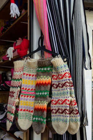 Traditional bulgarian colourful wool glove, knitted by hand in the resort of Borovets, Rila Mountain, Bulgariaの写真素材