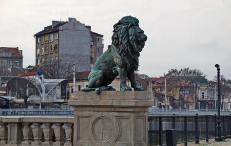 Panoramic view of Lion`s Bridge over Vladaya river from 1889 with lion sculptures, ancient buildings, intersection and traffic lights, Sofia, Bulgariaの写真素材