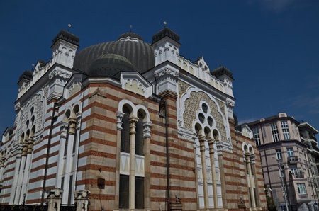 Fragment of the beautiful facade of the Jewish house of prayer, the Central Synagogue opened on 1909 in the city of Sofia, Bulgariaの写真素材