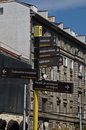 Signpost with arrows pointing to important sites in the center of Sofia, Bulgariaの写真素材