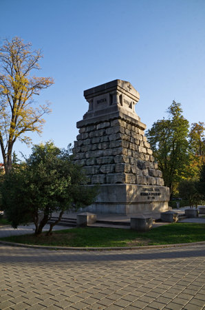 The doctor's monument to the 531 Russian doctors and paramedics who died in the Liberation War 1877-1878 is a truncated four-walled pyramid topped with a polished granite sarcophagの写真素材