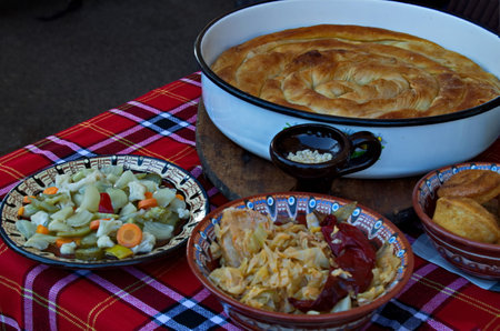 Part of the food on the table before the Easter fast of the Christian religious holiday Zagovezni, Sofia, Bulgariaの写真素材