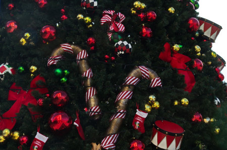 Idea for a New Year and Christmas greeting with part of a festively decorated Christmas tree, Sofia, Bulgariaの写真素材