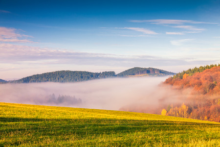 Morning mist defiling the valley in a mountainous country in northern Slovakia