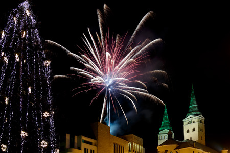 New year eve with fireworks in the Zilina city, Slovakia.のeditorial素材