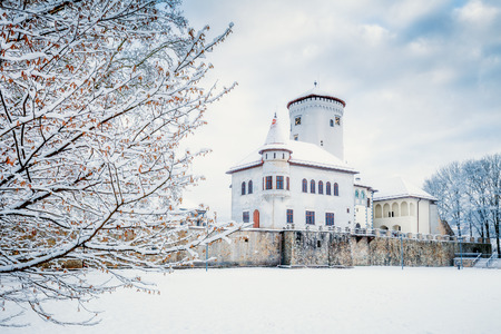 Medieval castle Budatin nearby Zilina town in winter, central Europe, Slovakia.のeditorial素材