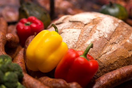Paprika laid with bread.の写真素材