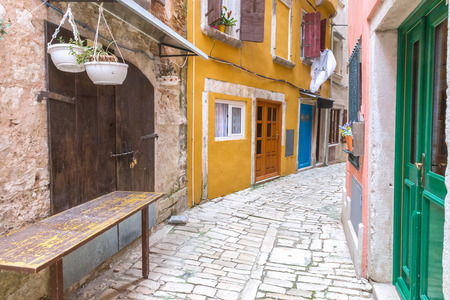 Street with colorful facade of an old houses in Rovinj, Croatia, Europe.の写真素材